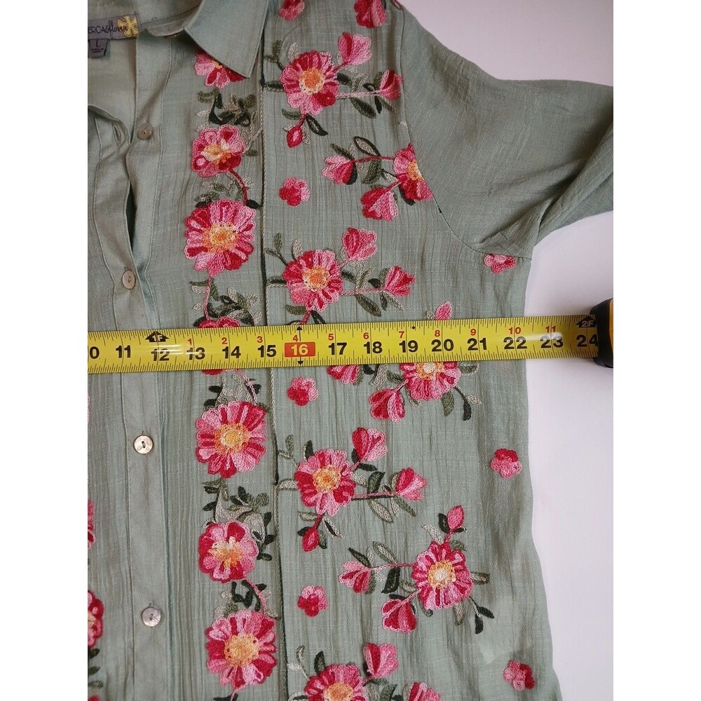 Figueroa & Flower Tunic Blouse Shirt Large Green Floral Embroidered Button Boho - Picture 11 of 14